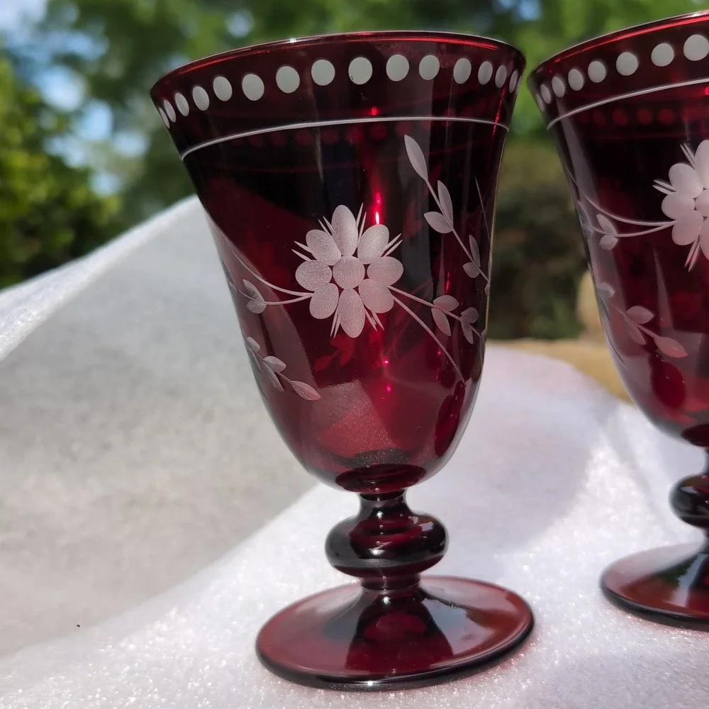 Williams Sonoma Goblet Set Ruby Red Vintage Cut to Clear Floral Glass Etched 4pc